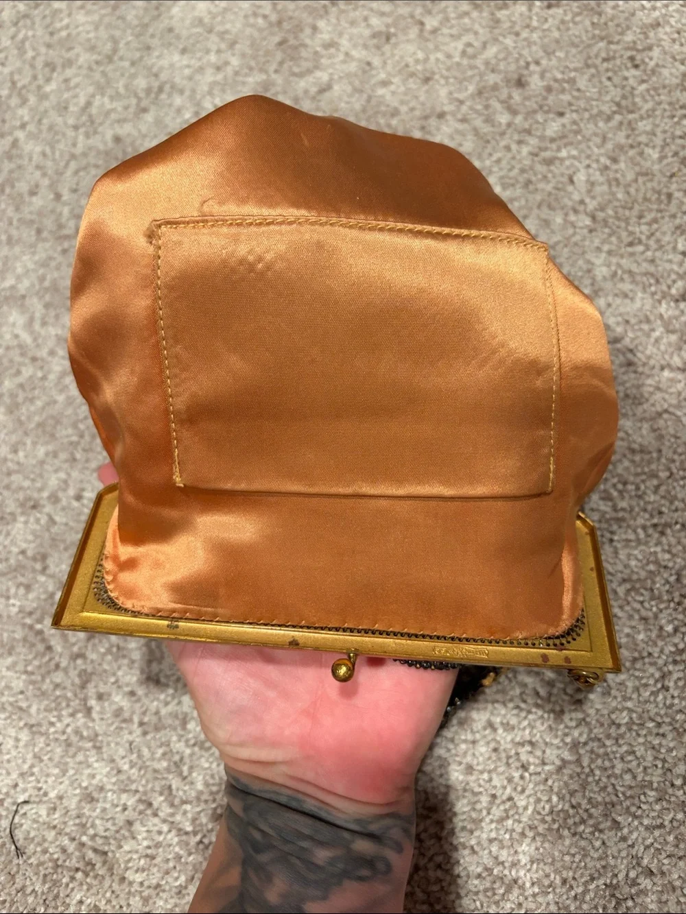 Vintage Whiting & Davis Metal Mesh Black Gold Evening Bag Copper Satin Lining